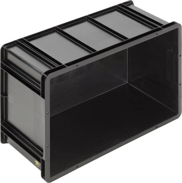 The image shows a rectangular, black plastic container without a lid. It has smooth sides, an open front, and a sturdy construction, ideal for storing or transporting items.