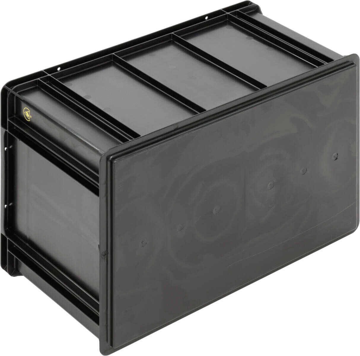 It is a rectangular, black plastic container with a flat top and side handles. The surface is smooth, with a small logo indentation.