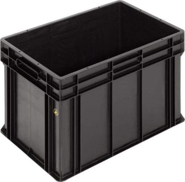 The image shows a rectangular, black plastic box with open handles on the short sides. The walls are textured with vertical stripes, which adds stability to the box.