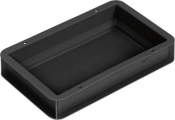 The image shows a rectangular, flat dish or box made of black plastic. It has rounded corners and a smooth surface, without a lid or handles.