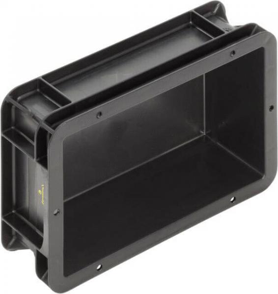 The image displays a rectangular, black plastic casing with an open front and rounded edges. It has two lateral indentations for mounting or handling.