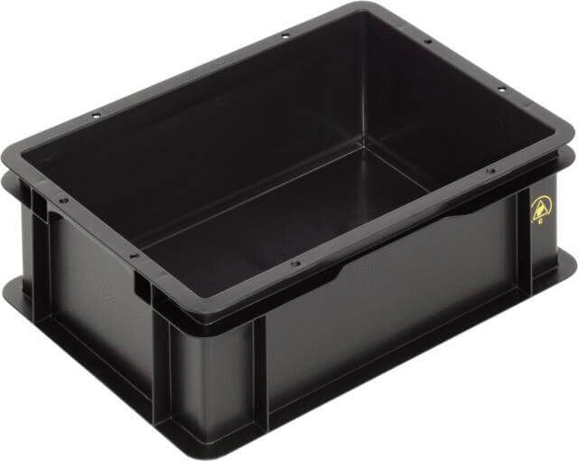 The image shows a rectangular, black plastic box with tall, straight sides and an open top. It has a sturdy construction and is suitable for storing items.