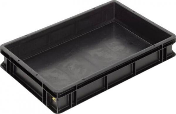 The image shows a rectangular, flat plastic tray made of black material. It has smooth walls and flat edges that appear stable and sturdy. The inside is even and untextured.