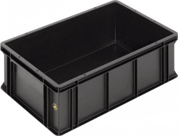 The image shows a rectangular, black plastic box. The walls are sturdy and slightly textured. The box has no lid and is empty inside. It is suitable for storage and transportation.