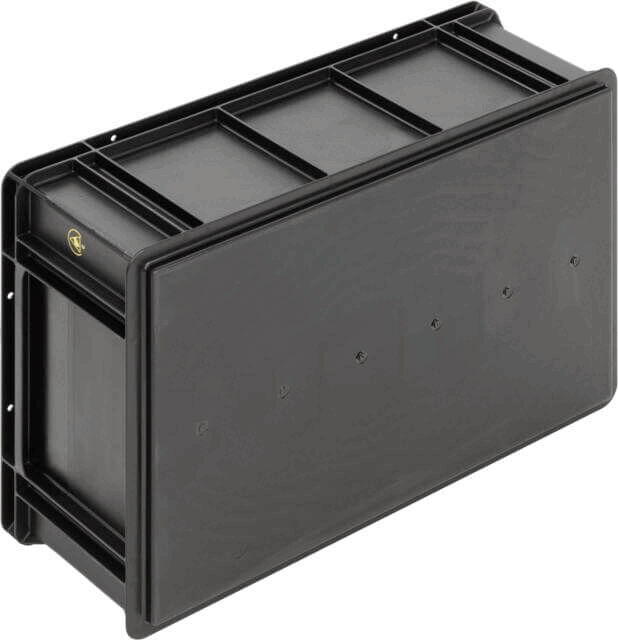 The image shows a rectangular, black plastic box. It has a flat top with grooves and is slightly recessed on one side. The box appears to be sturdy and robust.