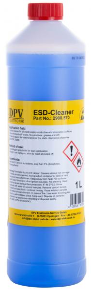 The image shows a bottle with blue liquid. The bottle has a red screw cap and a label with warning notices and information about an ESD cleaner.