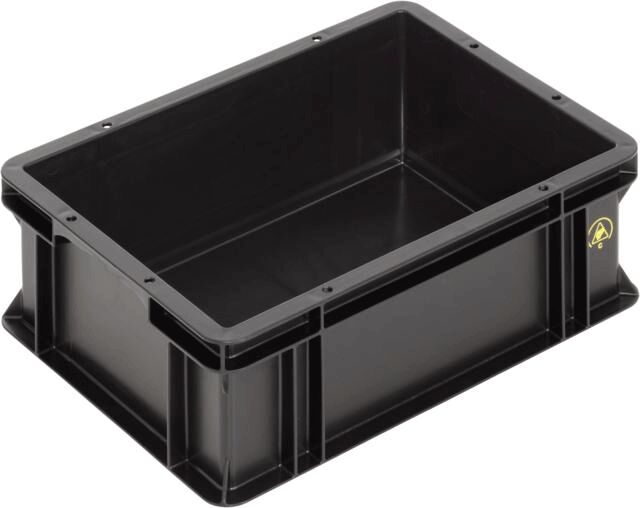 The image shows a rectangular, black plastic box without a lid. The walls are sturdy and slightly raised, with a smooth interior surface. It appears durable and is intended for storage.