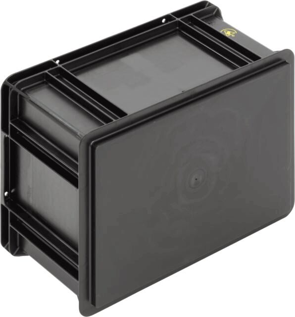 The image shows a black, rectangular plastic box with a flat top. It has ribbed sides and a grid pattern on the front. The box appears sturdy and robust.