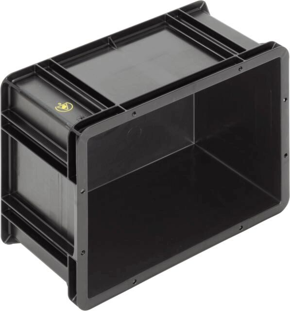 The image shows a rectangular, black plastic box. It has smooth walls and an open top. The box is sturdy and could be used for storing or transporting items.