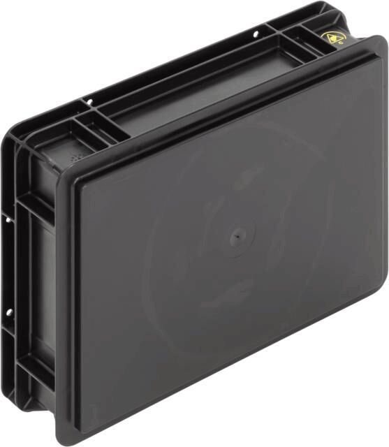 The image shows a rectangular, black plastic casing. It has a flat surface and is reinforced at the edges. A fan is visible on the back.