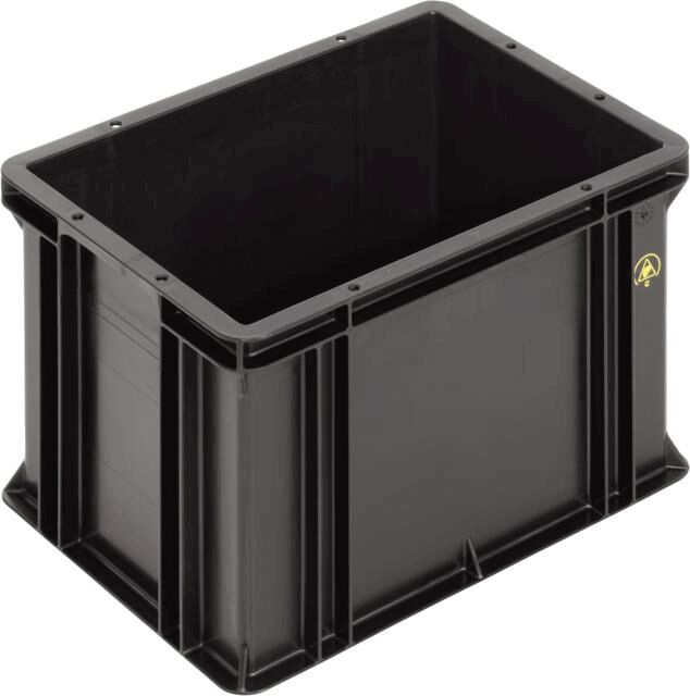 It is a rectangular, black plastic box. It has smooth walls, an open top, and a sturdy, robust structure. The corners are slightly rounded.