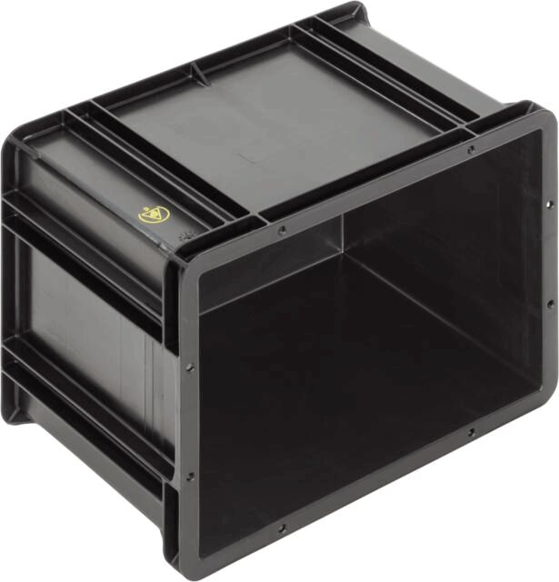 The image shows a black, rectangular plastic box without a lid. It has sturdy walls and an open top, suitable for storing or transporting items.