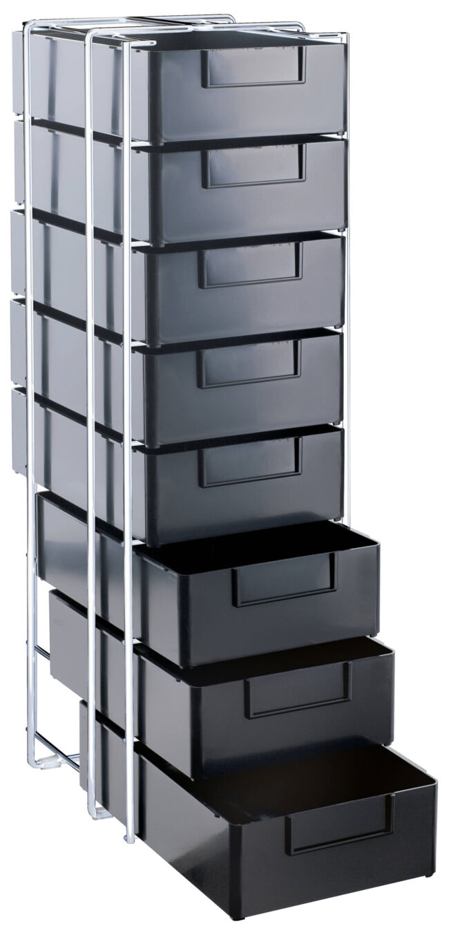 The image shows a tall, slender shelf with nine black drawers. The drawers are stacked and arranged in a sturdy metal frame.