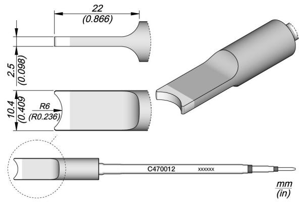 The image displays technical drawings of a small, U-shaped tool with various views. Dimensions are provided, including length, width, and radius for precise measurements.