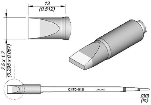 The image displays a technical drawing of an instrument. It features a tapered shape with a flat end. The dimensions are provided, and the body is cylindrical with a gray surface.