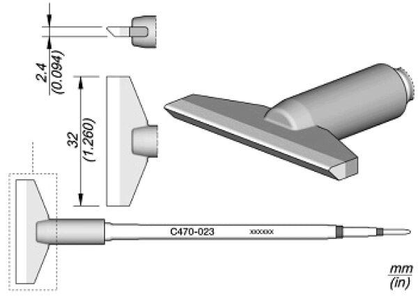 The image shows a technical drawing of a tool. It has a narrow, flat head with a sharp edge and a long, cylindrical handle. Dimensions are given in mm.