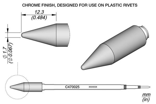 The image shows a technical drawing of a conical tool with a chromed finish. Dimensions and a label are provided, describing its use with plastic rivets.