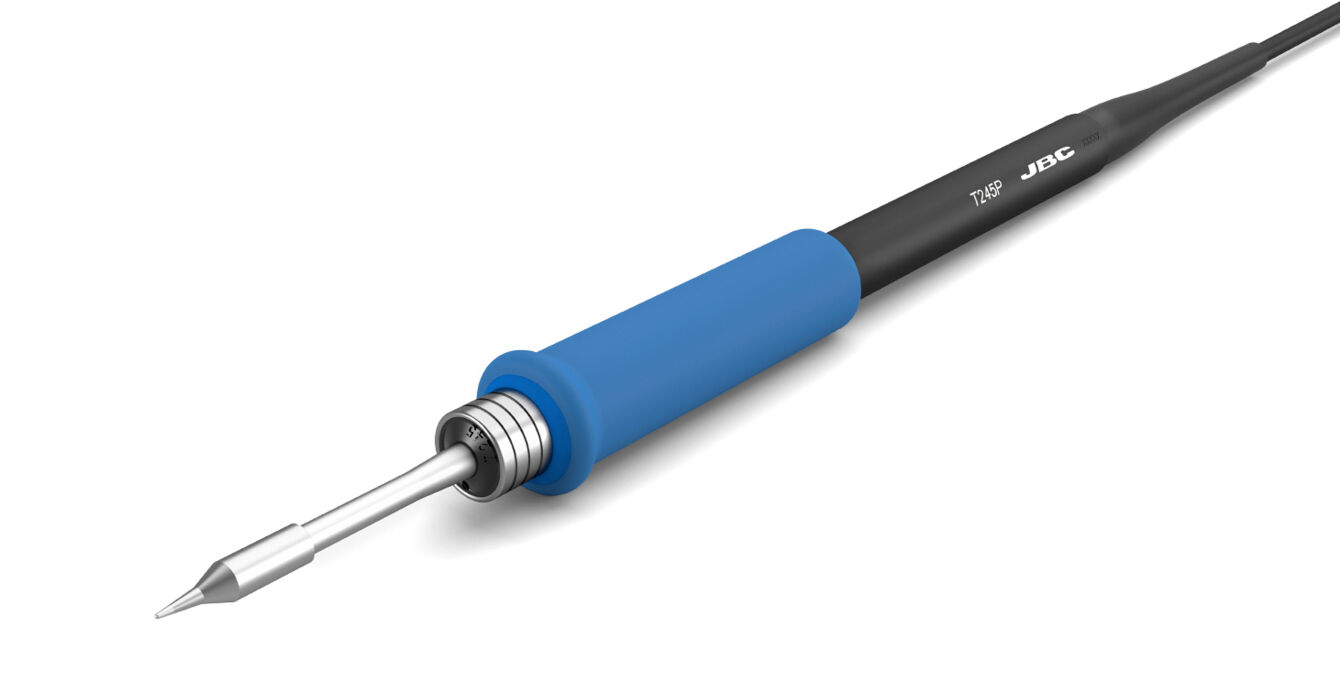 The image shows a soldering iron with a blue handle and a silver tip. The tip is narrow and tapered, and the handle is rubberized for better grip.