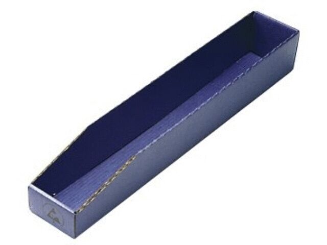 The image shows a narrow, elongated, open box made of cardboard-like material. It is dark blue in color and not very deep. The edges are straight and slightly reinforced.