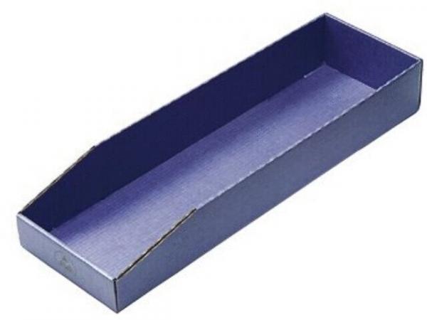 The image shows a long, narrow box made of sturdy cardboard. It has a smooth surface and is colored a uniform, dark blue both inside and outside.