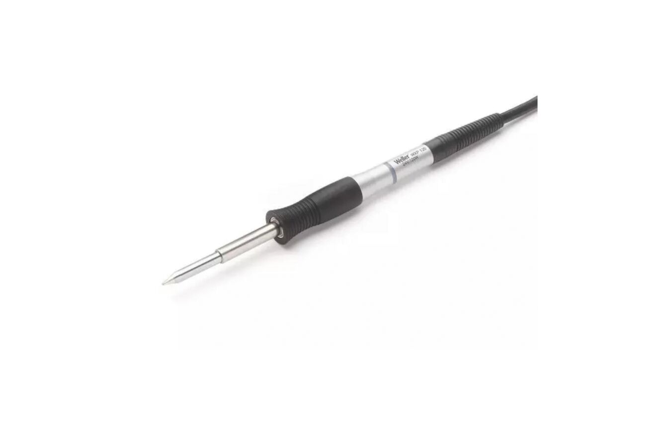 The image shows a soldering iron with a black handle and a long, silver, pointed tip. A cable connects it to a power source.