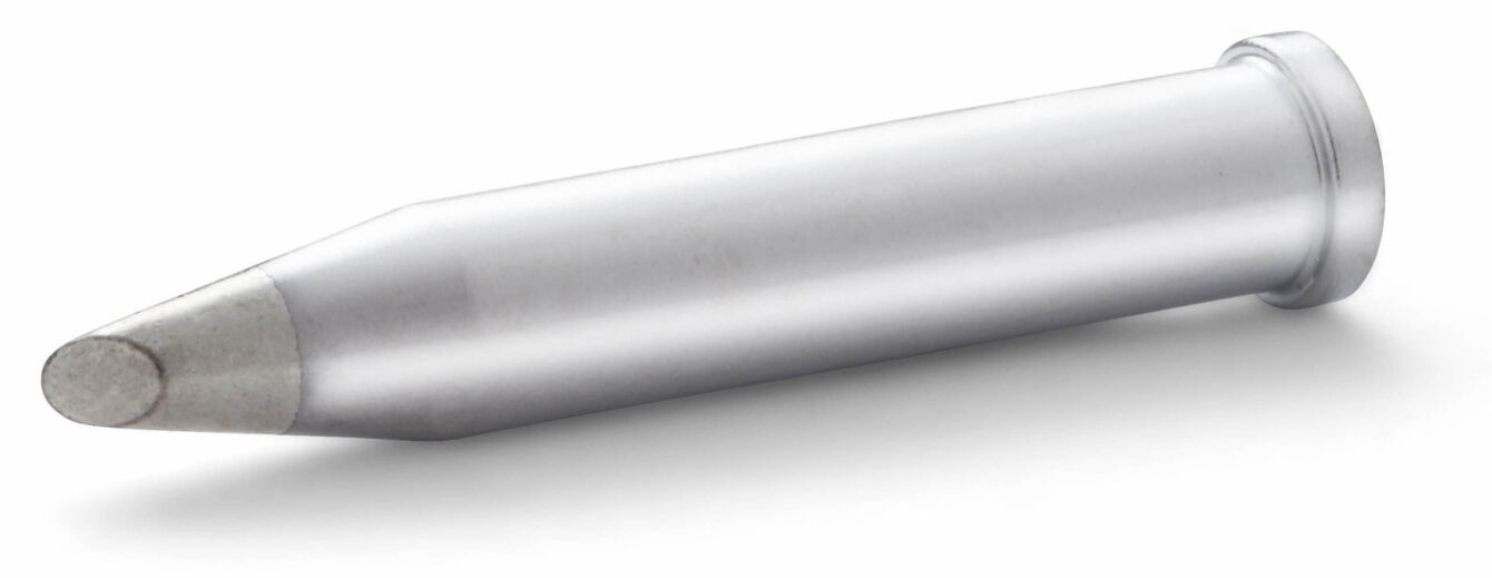 The image shows a cylindrical, silver-colored object with a pointed, round front and a flat, rounded end. It has a smooth surface and is metallic.