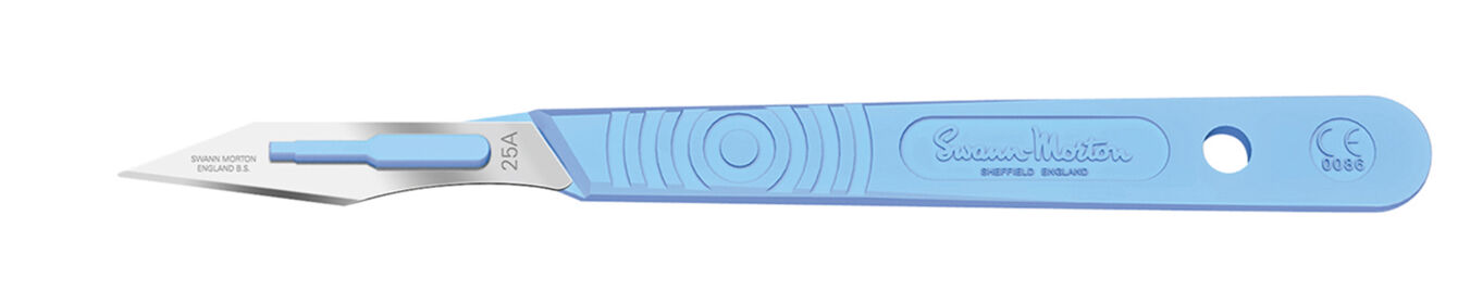 The image shows a surgical scalpel with a blue, non-slip handle and a sharp, metallic blade. It is designed for precise cuts.