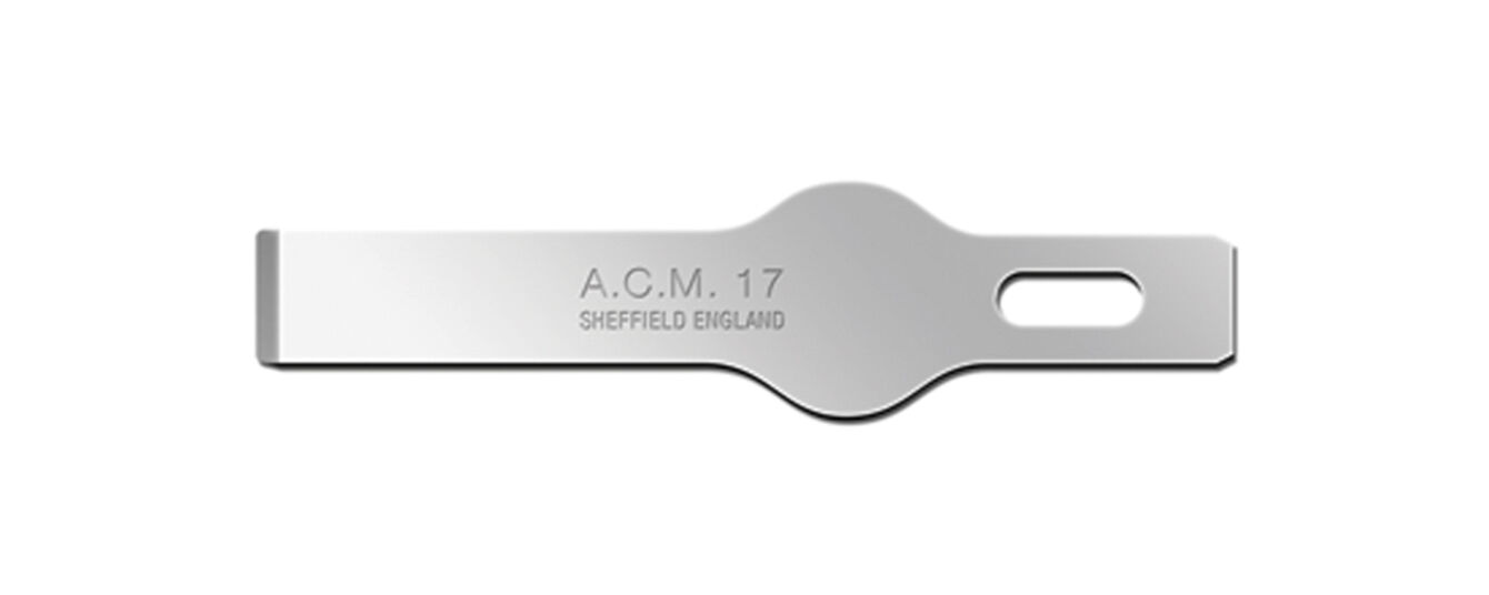 The image displays a flat, metallic tool. It has a central recess and bears the engraving "A.C.M. 17" as well as "SHEFFIELD ENGLAND". The edges are straight and smooth.