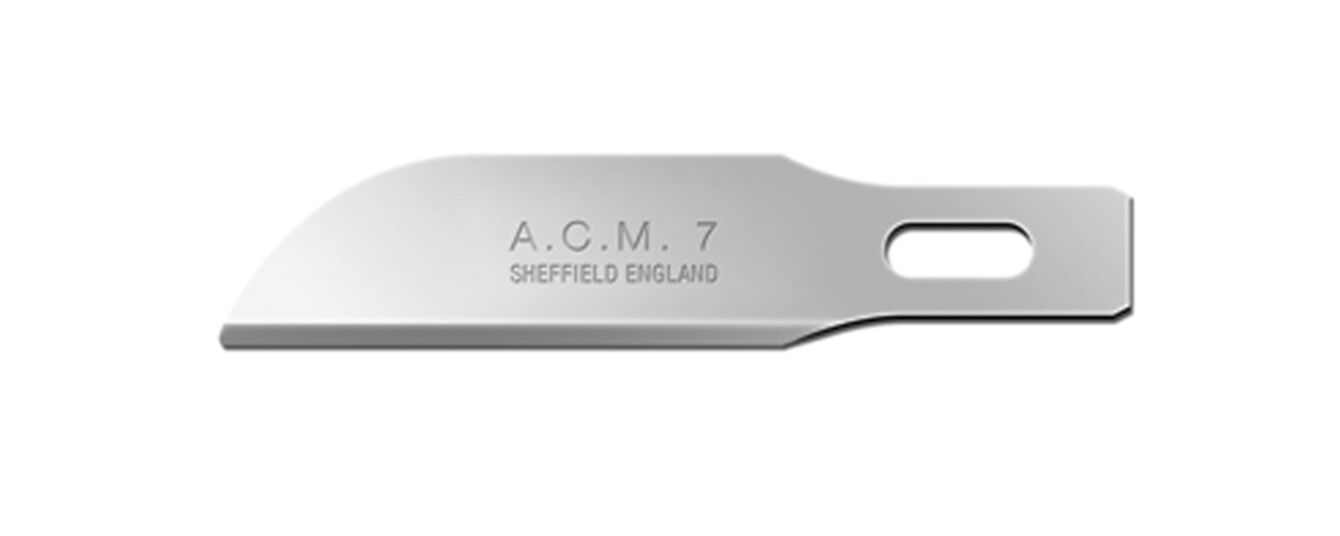 The image displays a sharp blade, slightly curved, made of shiny metal. Engraved on the blade are the inscriptions "A.C.M. 7" and "SHEFFIELD ENGLAND".