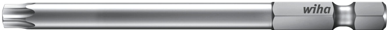 The image shows a silver screwdriver bit with a flat end. It has an elongated shape and a textured grip edge with the inscription "wiha" on it.