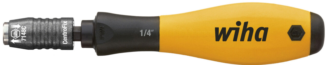 The image displays a screwdriver with a yellow, non-slip handle and a black, replaceable head. On the head, "1/4" and "CentroFix" are written in white font.