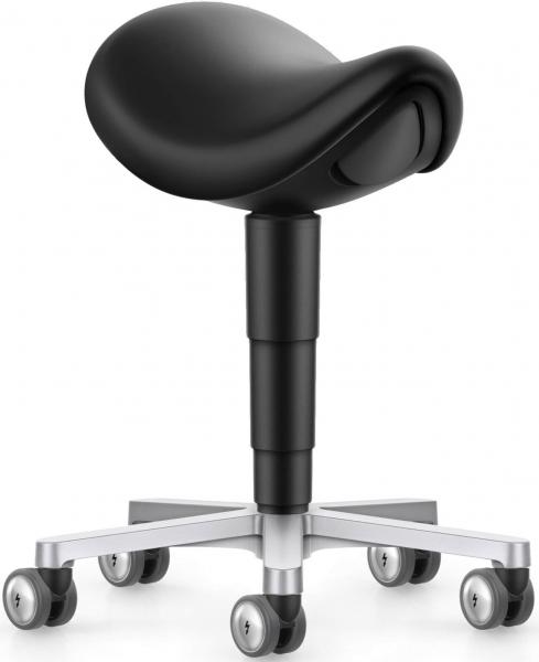 The stool has a curved, black seat that sits on an adjustable black cylinder. Below it, five wheels are attached to facilitate movement.