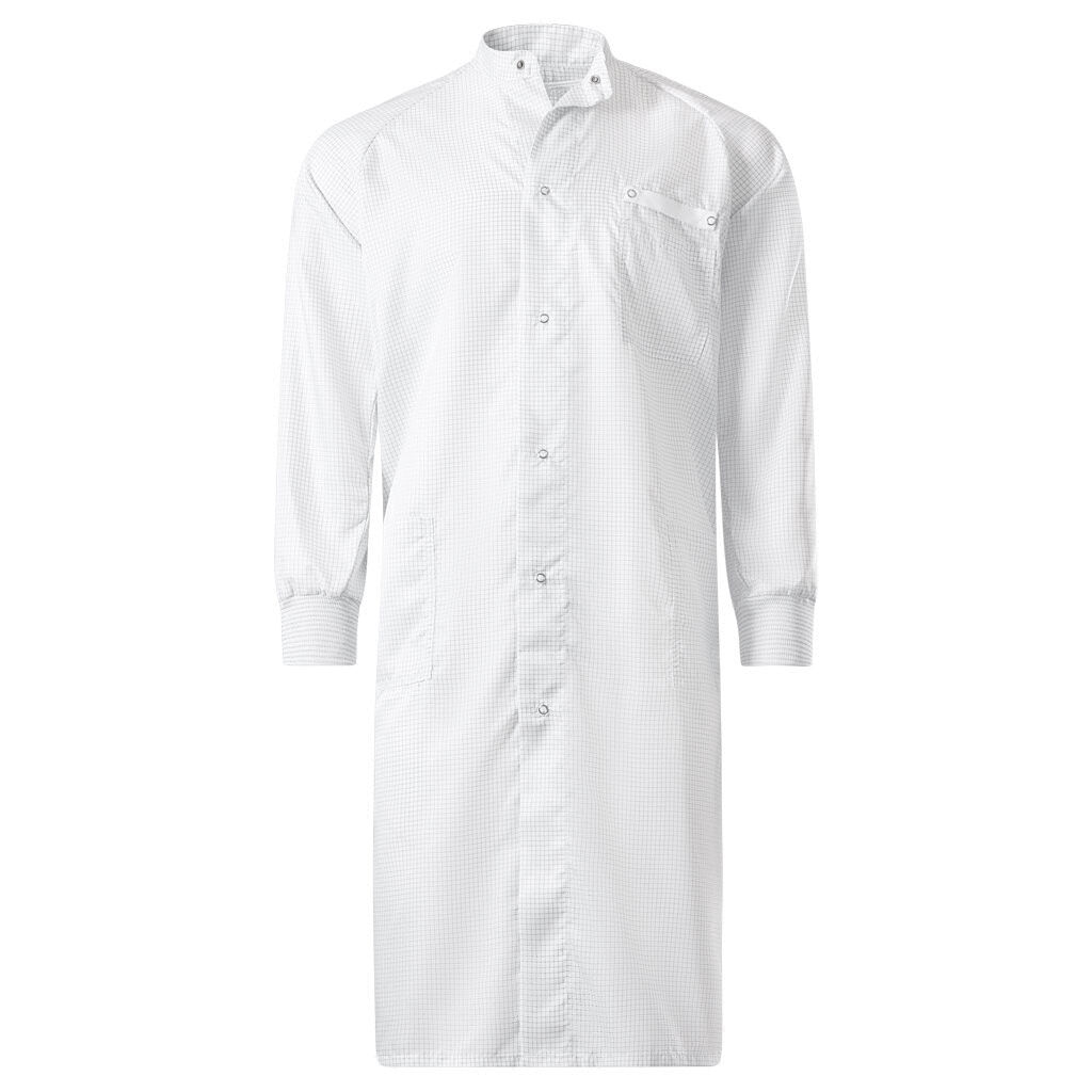 The image shows a white coat with long sleeves. The coat has a stand-up collar and is closed at the front with buttons. A small chest pocket is present.