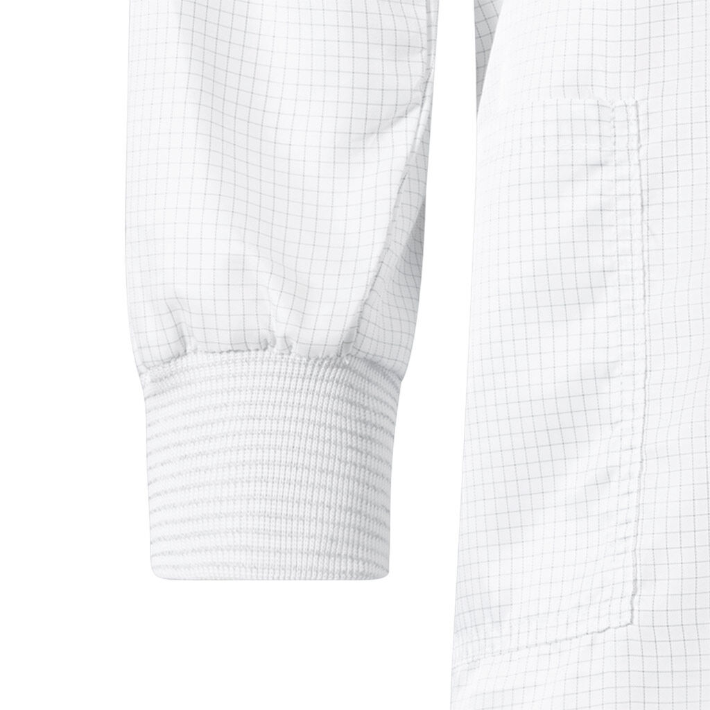 The image shows part of a white shirt with a fine, checkered pattern. The sleeve has an elastic cuff at the end. The fabric appears light and casual.