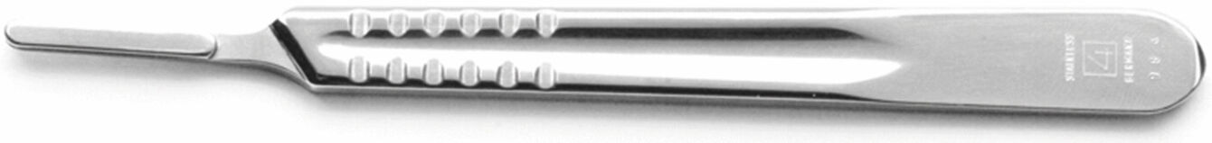 The image shows a surgical scalpel. It has a narrow, smooth blade and an ergonomic, ridged handle for better grip. The surface is made of shiny metal.