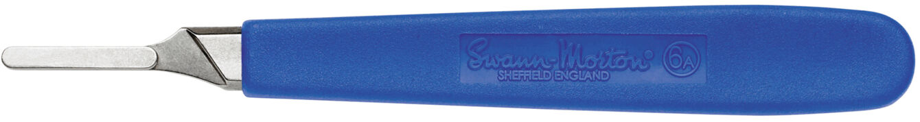 The image shows a blue handle with a metallic blade at one end. The handle has a smooth surface and is ergonomically shaped to fit well in the hand.