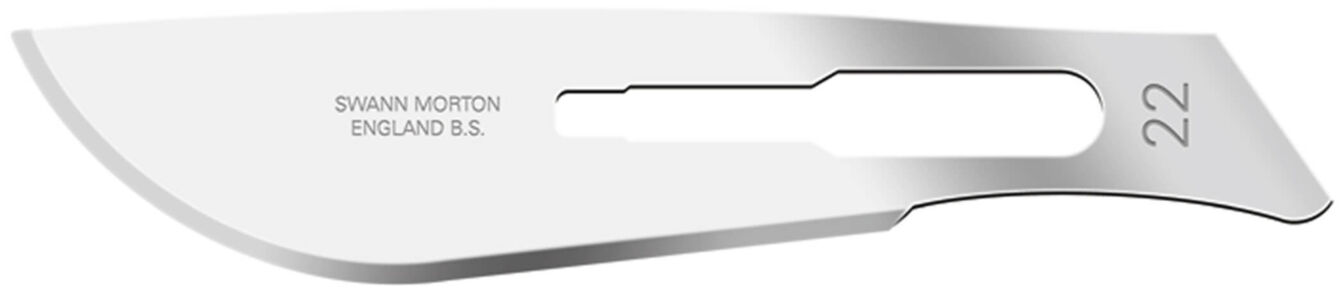 The image shows a sharp, curved scalpel blade made of shiny stainless steel. It has a semi-circular edge and an opening in the handle area, engraved with the number 22.