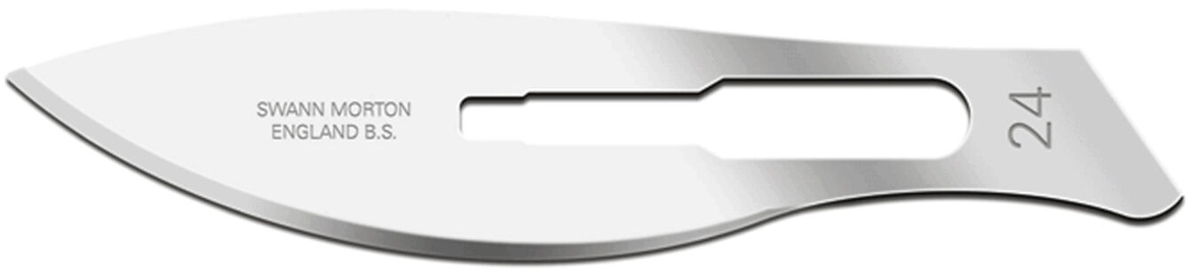 The image shows a sharp, shiny blade of a scalpel knife. It has a curved shape and an opening in the center. The blade features the inscription "SWANN-MORTON" and the number "24".