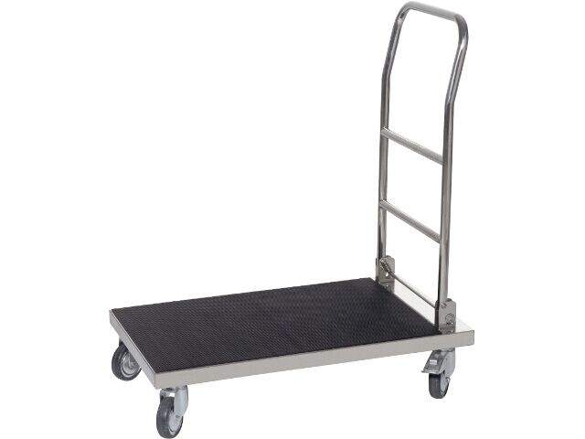 The image shows a dolly with a flat platform and a tall, round handle on one side. The platform has a non-slip surface and four swivel wheels.