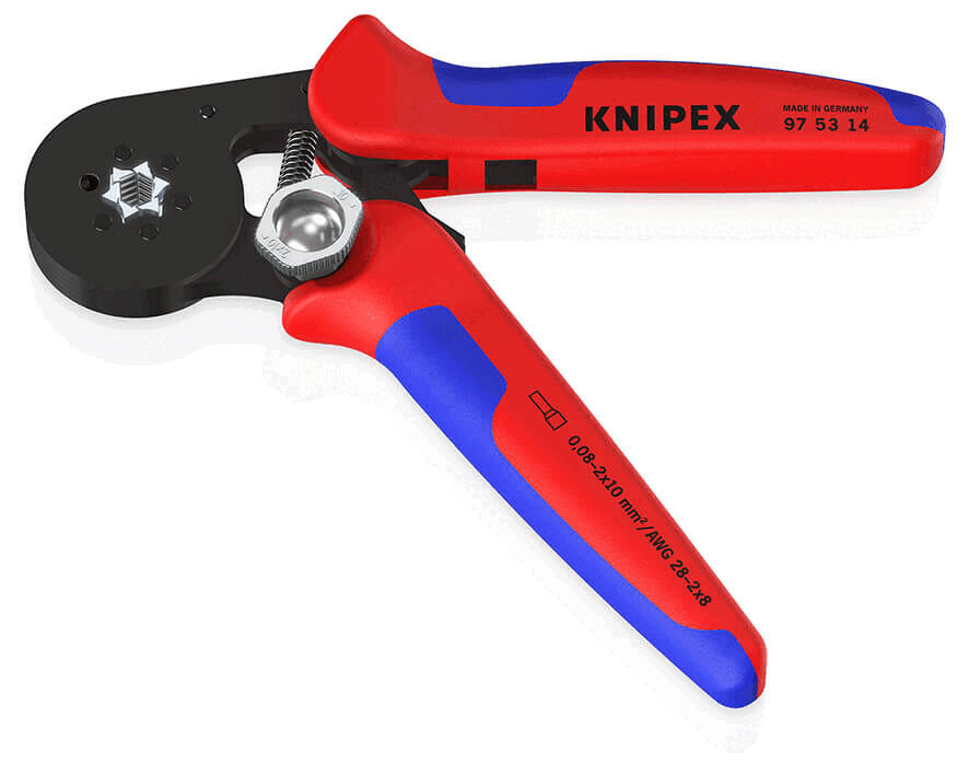 This is a red and blue crimping tool with a black working surface. The handle is ergonomically shaped and provides a good grip. The brand name "KNIPEX" is printed on the tool.