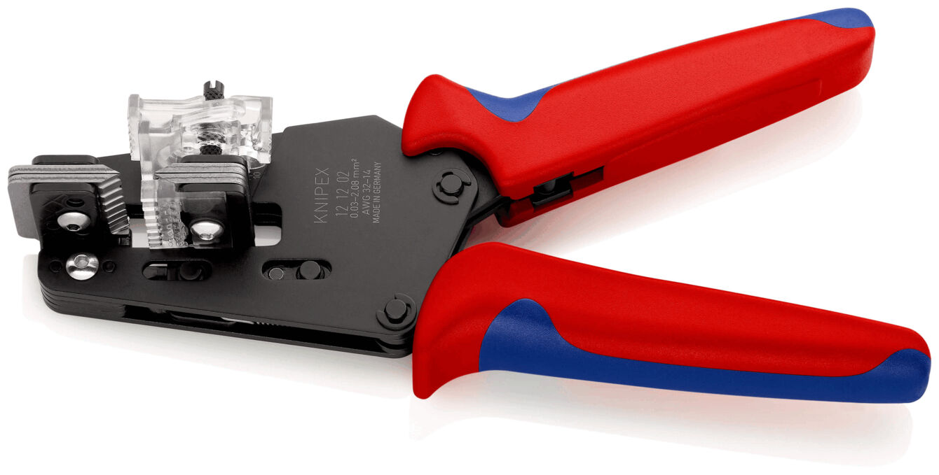 The image shows a cable crimping tool. It has red handles with blue accents. The tool is black, features a transparent cover, and has two opposing jaws for crimping cables.