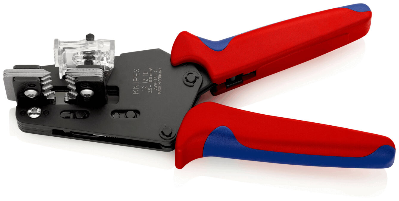 The image shows a crimping tool with a black metal head and red rubber handles. The pliers have a transparent safety catch and are intended for connecting cables.