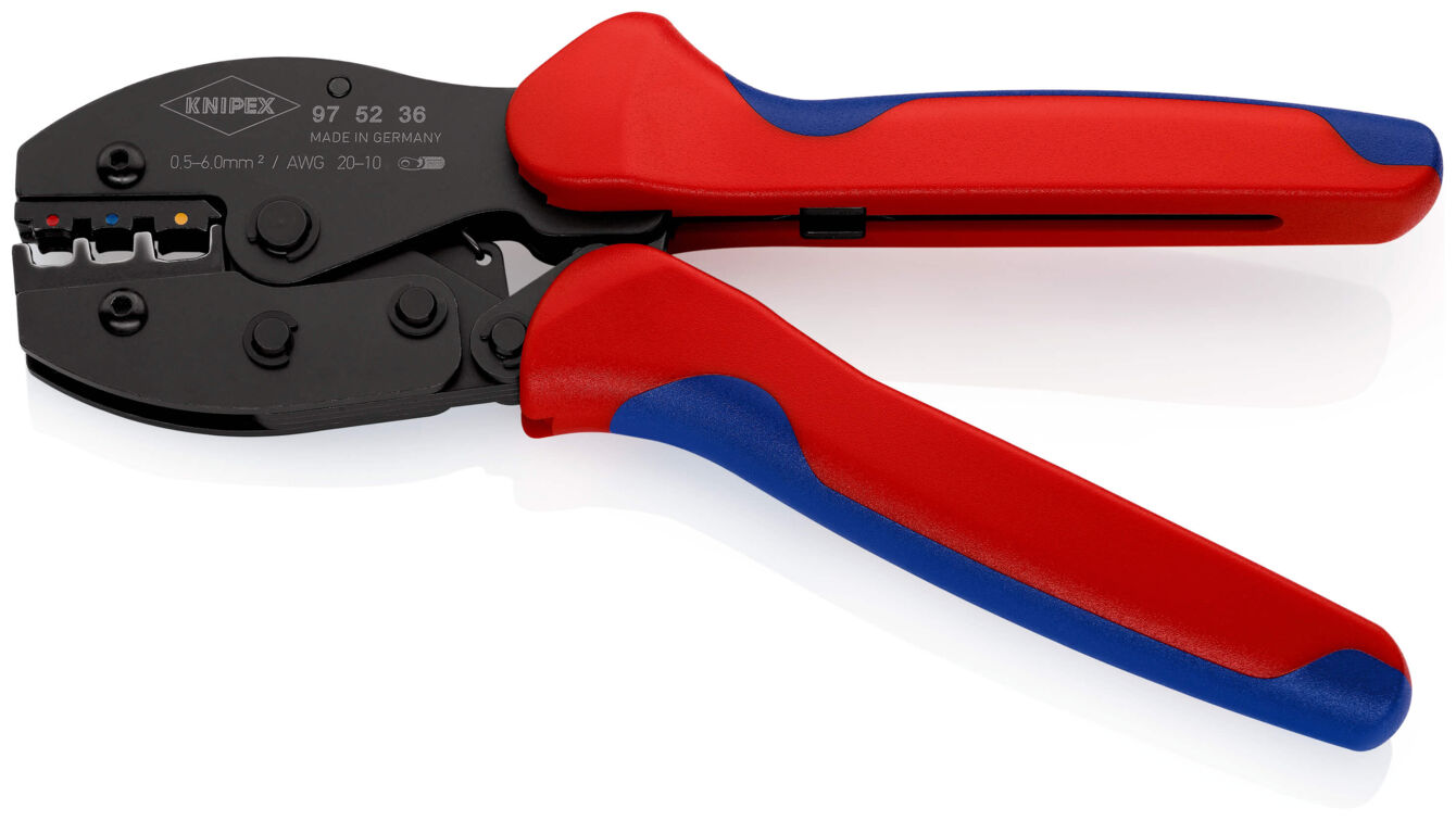 The image shows a pair of pliers with red-blue handles and a black, sturdy blade. They are likely used for crimping cables or wires.