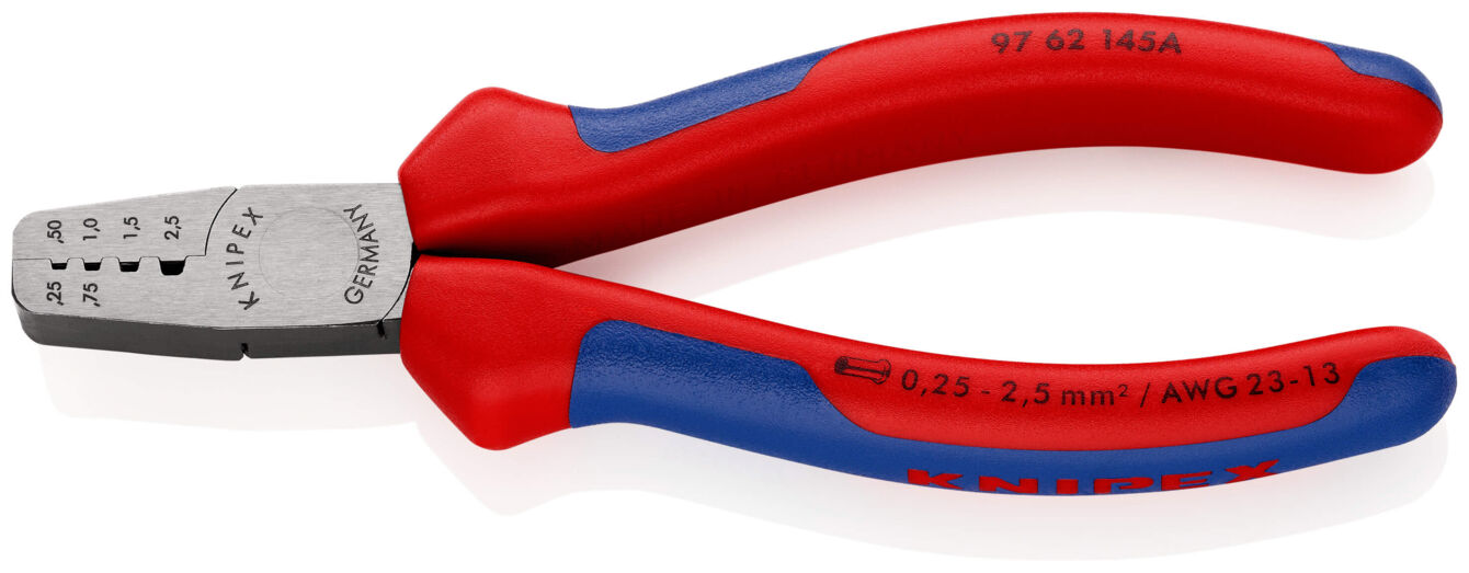 The image shows a pair of pliers with red-blue handles. The head is made of metal and has various openings for gripping and cutting. The handles are ergonomically designed.