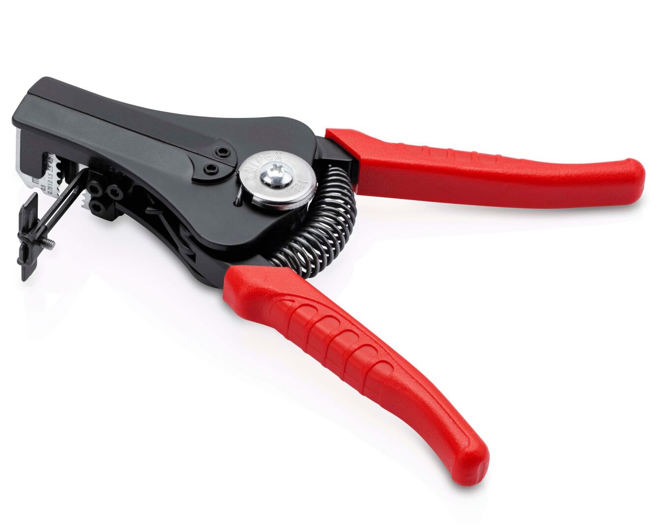 The image shows a cable cutter pliers with a red handle and a black body. It has an ergonomic shape and a spiral spring. A round mechanism is visible on top.