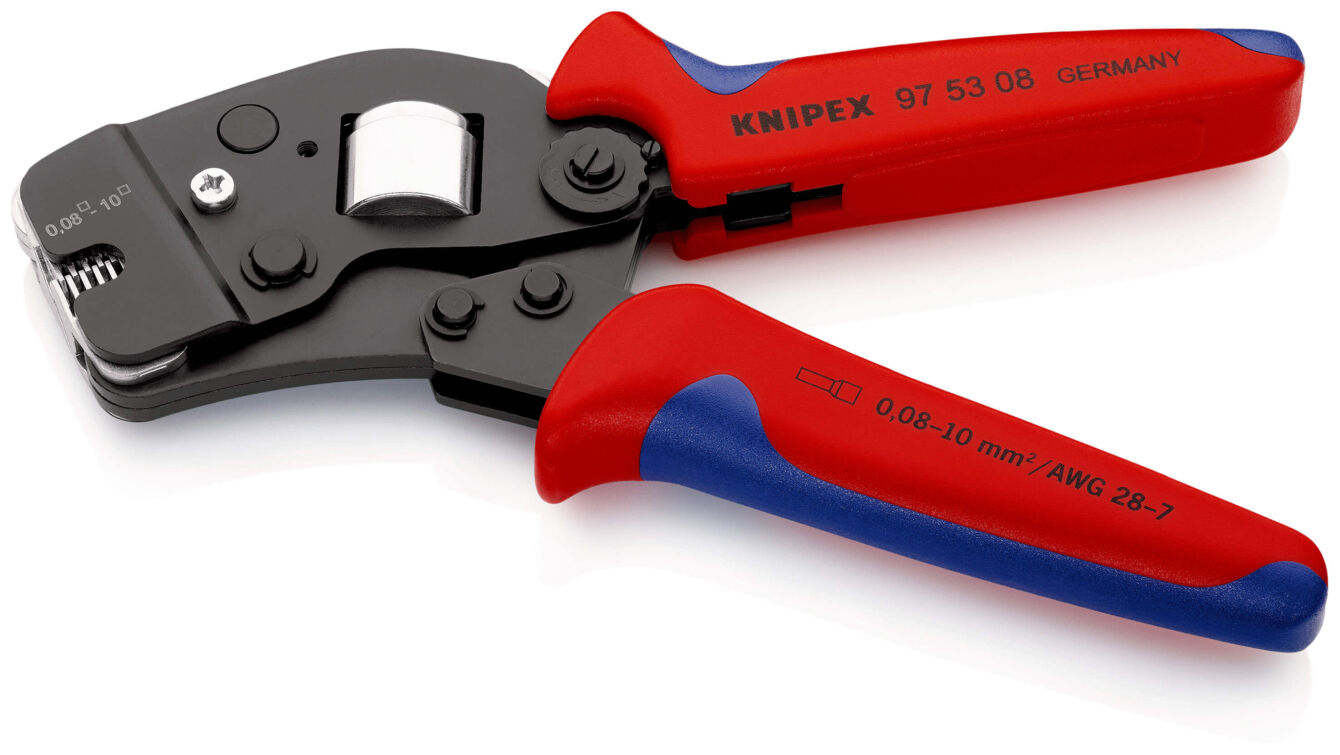 The image shows a cable cutter pliers with red and blue rubber grips. The pliers have a black blade with a curve and a small adjustment device on the top.