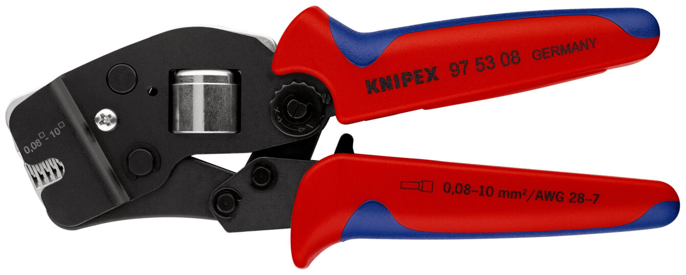 The image shows a red and black crimping tool. It has two handles that are ergonomically shaped, and a black blade with a round insertion element. The pliers are used for electrical connections.