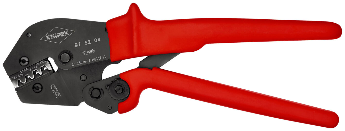 The image shows a wire-cutting pliers with red, ergonomically shaped handles and a black, metallic head equipped with various blades.