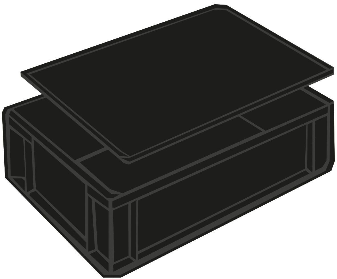 The image shows a black box with a lid that is slightly askew. The box has a rectangular shape and appears sturdy. The lid is also rectangular and fits exactly onto the box.