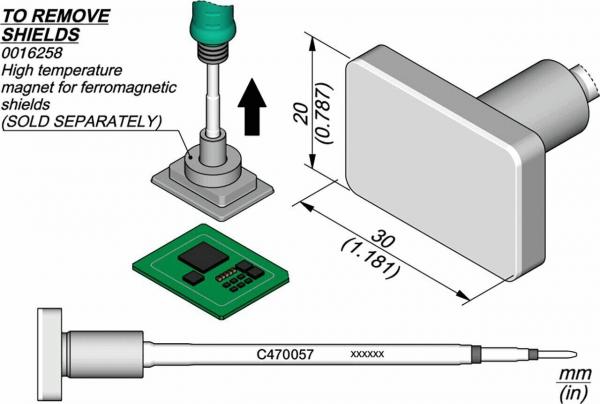 The image displays technical drawings of components: a rectangle with dimensions, a green magnet, and a PCB (printed circuit board) with components. Below it, a cable with a connector.